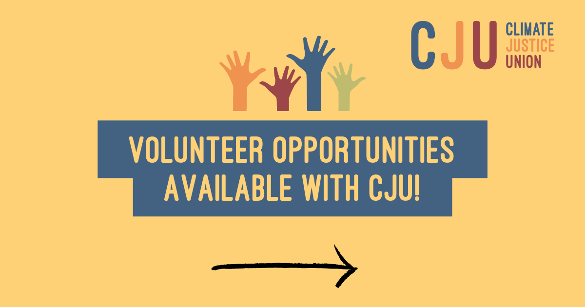 Volunteer opportunities available image with CJU logo in branding colours of deep blue, deep yellow brown red. There are also four hands pointing up and an arrow suggesting to continue.